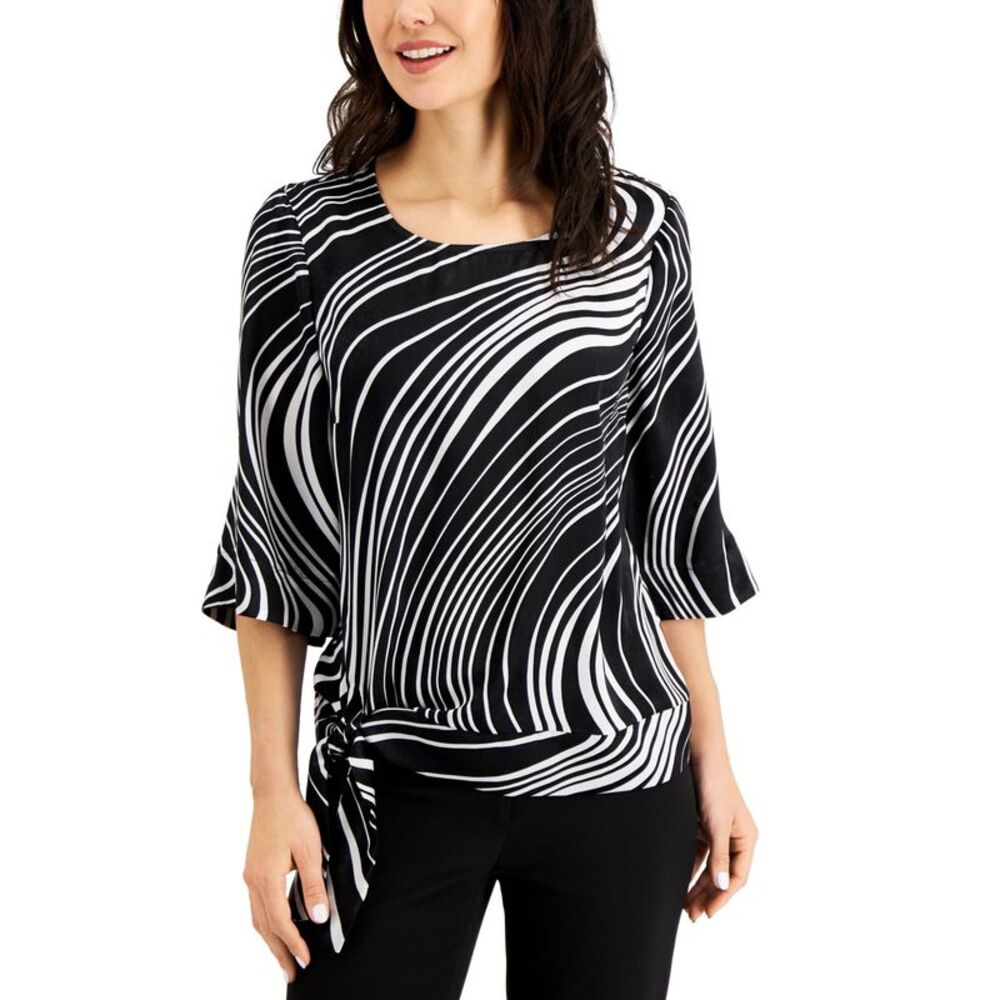 JM Collection Swirl Print Tie Hem Flare Sleeve Top